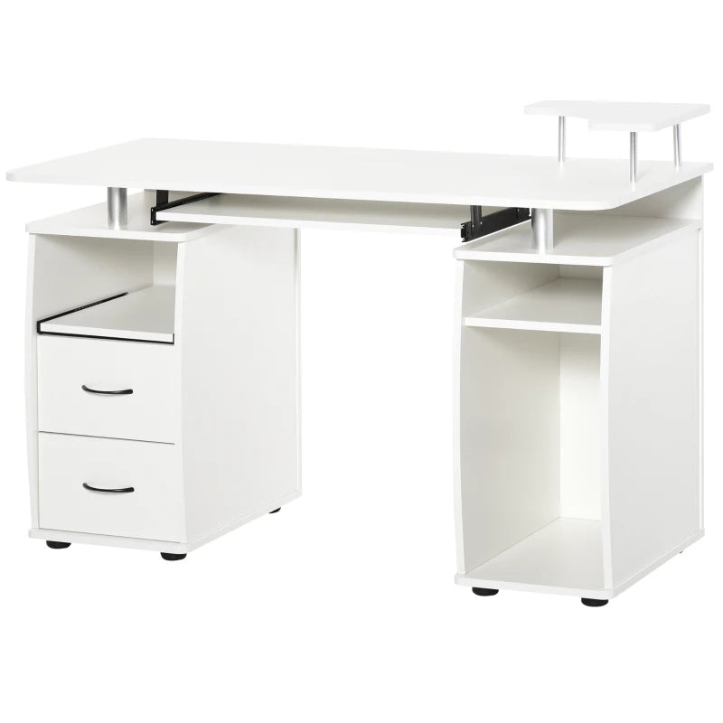 Modern White Computer Desk with Keyboard Tray, CPU Shelf, Drawers & Sliding Scanner Shelf - Ideal Office Workstation