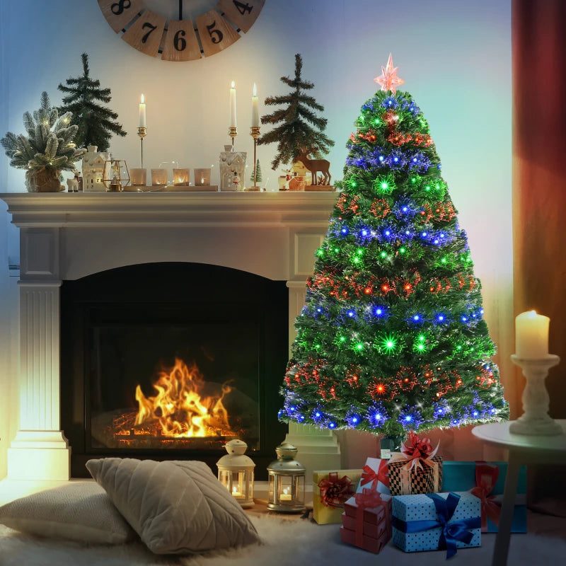 5ft Prelit Artificial Christmas Tree with Multi-Colored Fiber Optic LED Lights - Festive Holiday Home Decoration, Green Xmas Tree