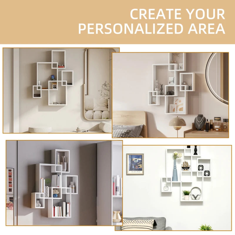 Floating Wall Mounted Interlocking Cube Shelves - Stylish White Display Shelves for Living Room, Bedroom & Hallways
