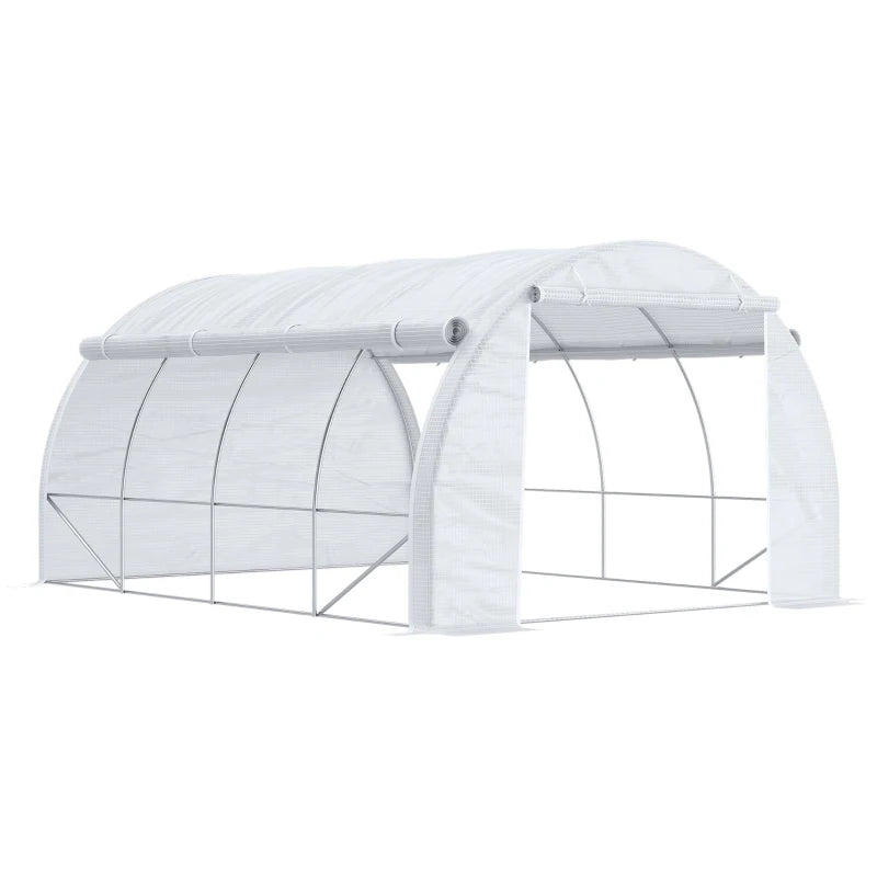 Green Walk-in Polytunnel Greenhouse with Roll-up Side Walls, Steel Frame, Zipped Door - White