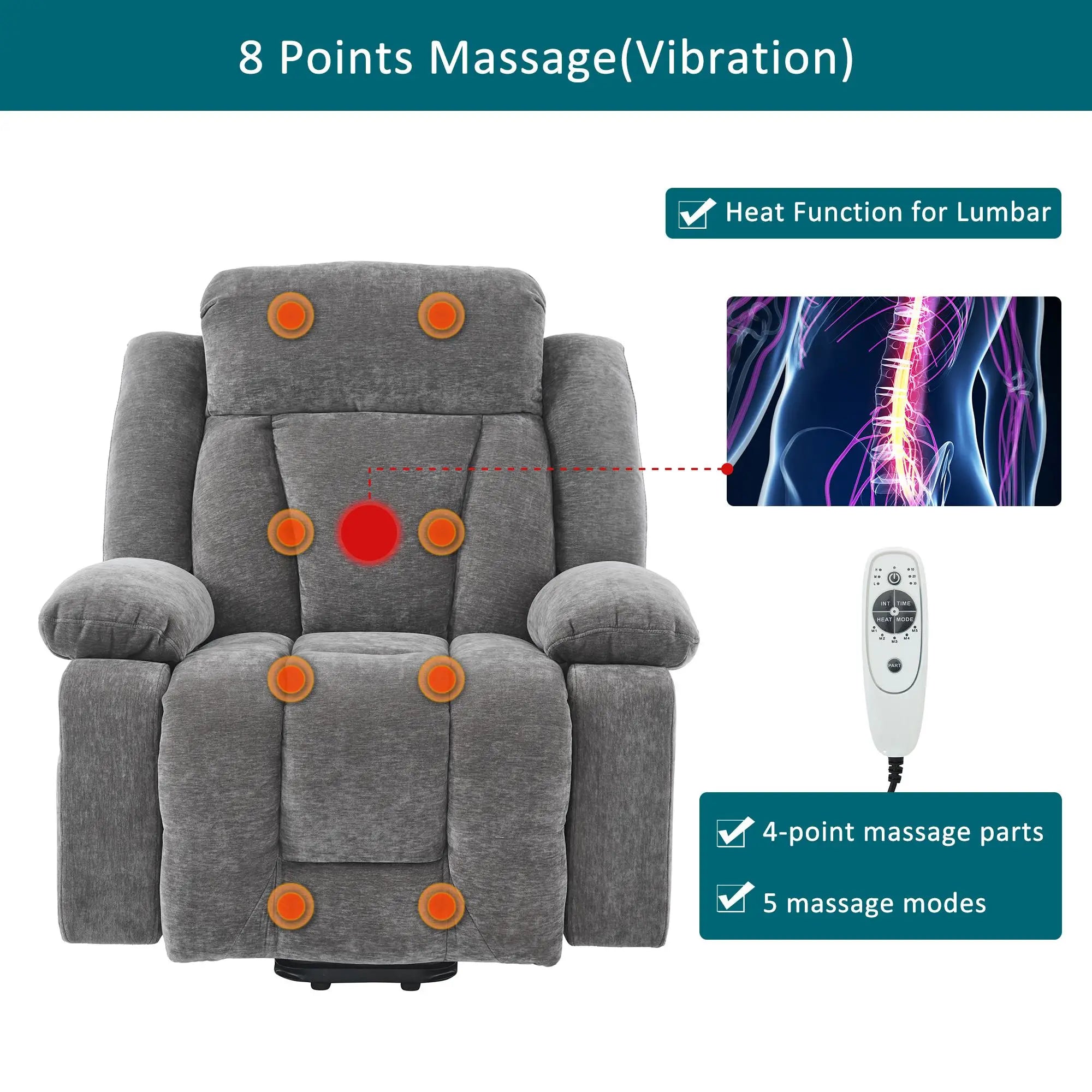 RelaxMax ProLift Electric Recliner – Heated Massage Chair with USB Ports, Storage Pocket & Easy Assembly, 95×94×107 cm, Grey