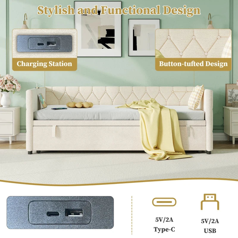 Upholstered Daybed with USB & Type-C Charging Station, Button-Tufted Sofa Bed for Compact Rooms, Beige, 206L x 193W x 71H cm