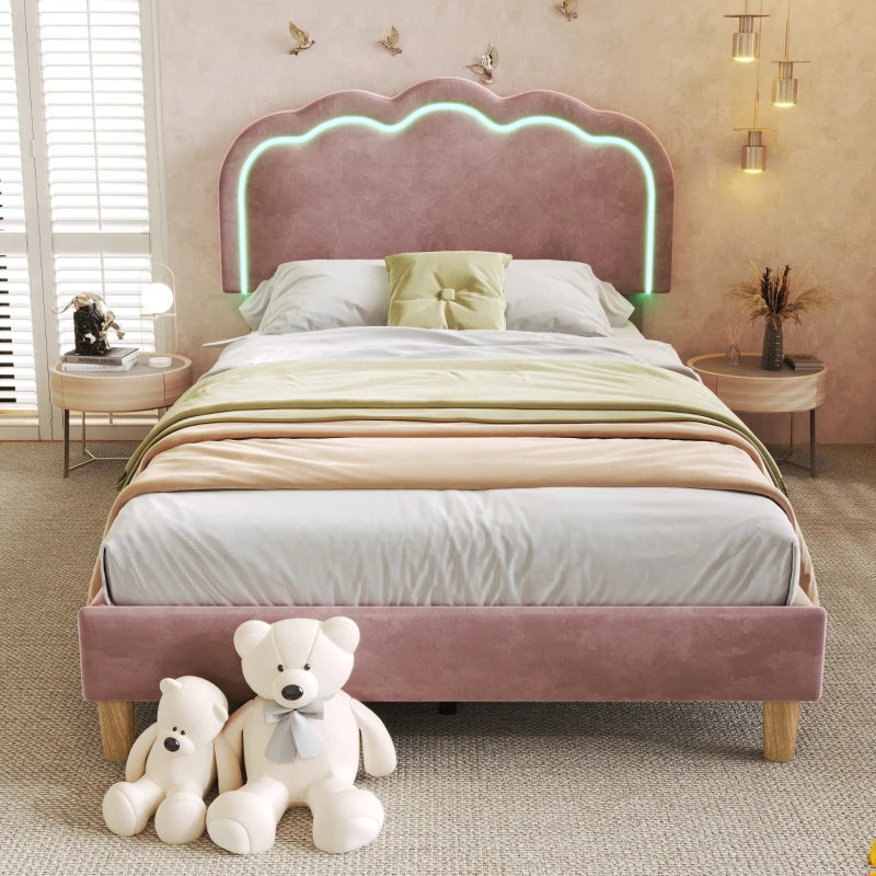 Pink Upholstered Single Bed with LED Adjustable Headboard, Velvet Frame, Wooden Slats, Easy Assembly, 197L x 101W x 109H cm