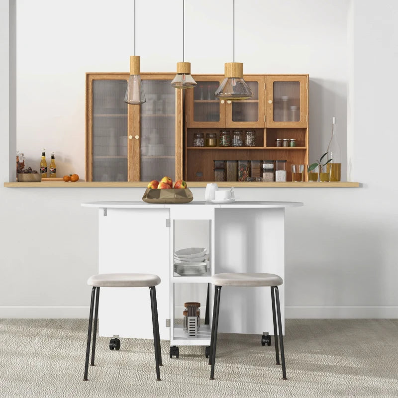 Versatile Four-Person Drop Leaf Dining Table on Wheels - Stylish White Finish for Space-Saving Dining Solutions