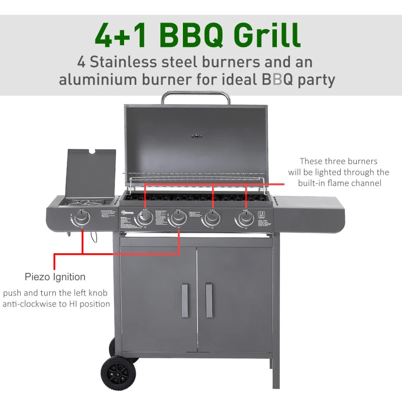 4+1 Burner Gas BBQ Grill - Grey Outdoor Barbecue Trolley with Wheels, Warming Rack, Side Shelves, Cabinet, Thermometer - 125cm x 51cm x 100cm for Garden, Party, Camping