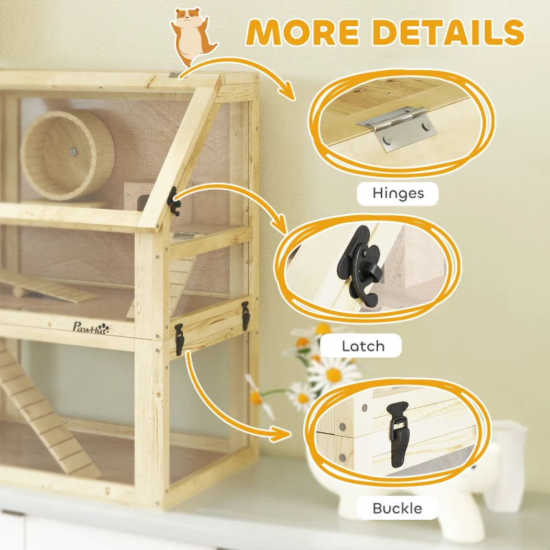 Wooden Hamster Cage with Detachable Deep Bottom Hut Seesaw Exercise Wheel Ramp 60x40x75cm Natural