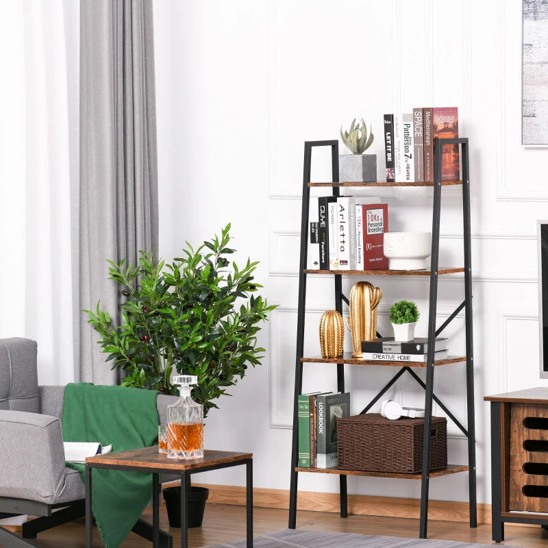 4-Tier Industrial Ladder Shelf - Rustic Brown & Black Bookshelf for Living Room, Bedroom, Kitchen Storage Rack