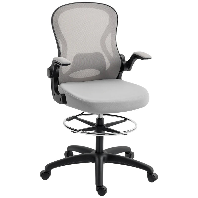 Vinsetto Adjustable Mesh Standing Desk Chair - Flip-up Armrests, Lumbar Support, Adjustable Footrest, Grey - Ergonomic Office Seating