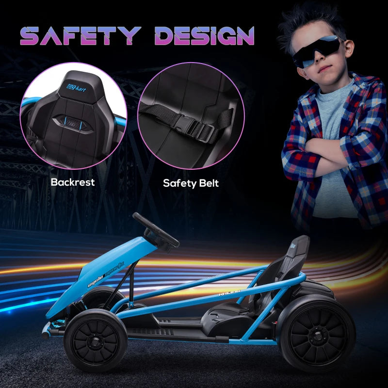 24V Electric Drift Kart for Kids 8-12 Racing Go Kart with 2 Speeds Steering Wheel and Pedals Blue