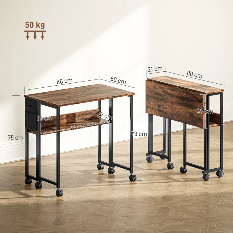 Rustic Brown 80 cm Drop Leaf Writing Desk - Space-Saving Work Table for Home Office, Modern Design, Versatile Use