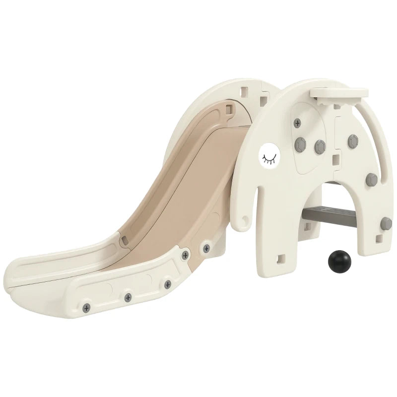 3 in 1 Toddler Slide with Basketball Hoop and Climber for Ages 1-3 Elephant Theme Cream White