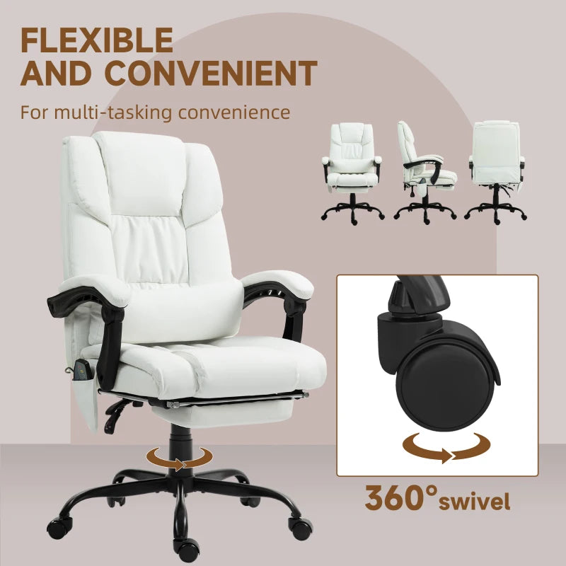 Vinsetto 6-Point Massage Office Chair - Adjustable PU Leather Desk Chair with Footrest for Home Office - White