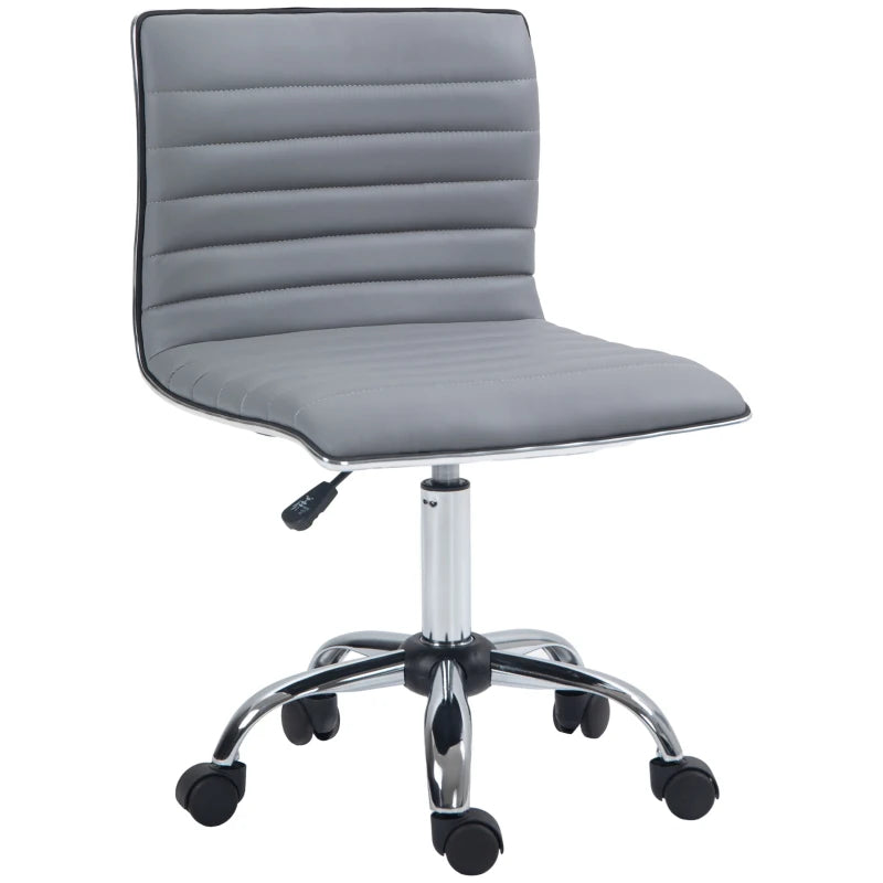 Light Grey Armless Task Desk Chair - Swivel Faux Leather Office Chair with Adjustable Height & Chrome Base for Home