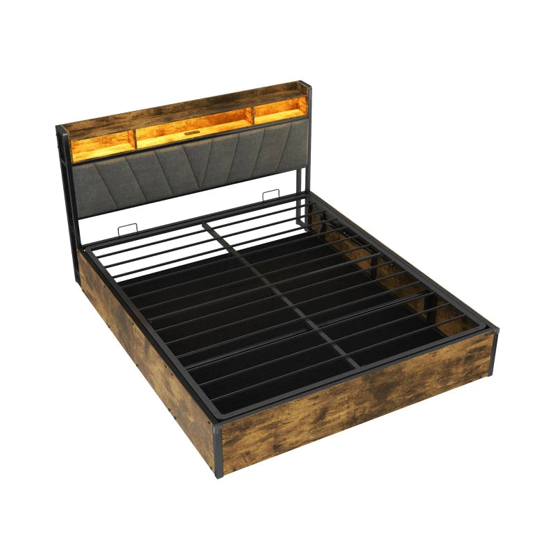 Double Bed Frame with RGB LED Headboard & Charging Station, Hydraulic Storage, Linen Fabric, Black & Walnut, 205x136x109 cm
