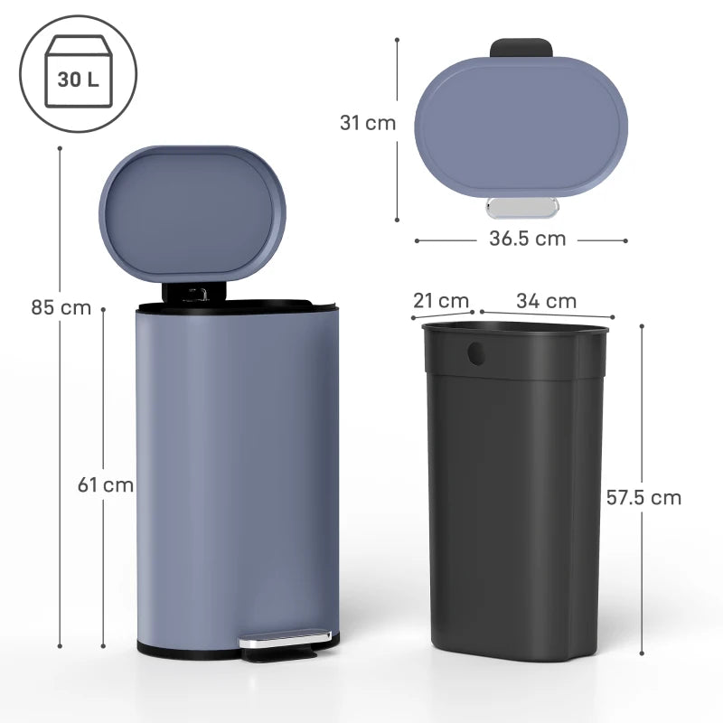 30L Slim Kitchen Bin with 90° Stay-Open Lid, Soft-Close Pedal, Removable Inner Bucket, Fingerprint-Resistant Grey for Home Office