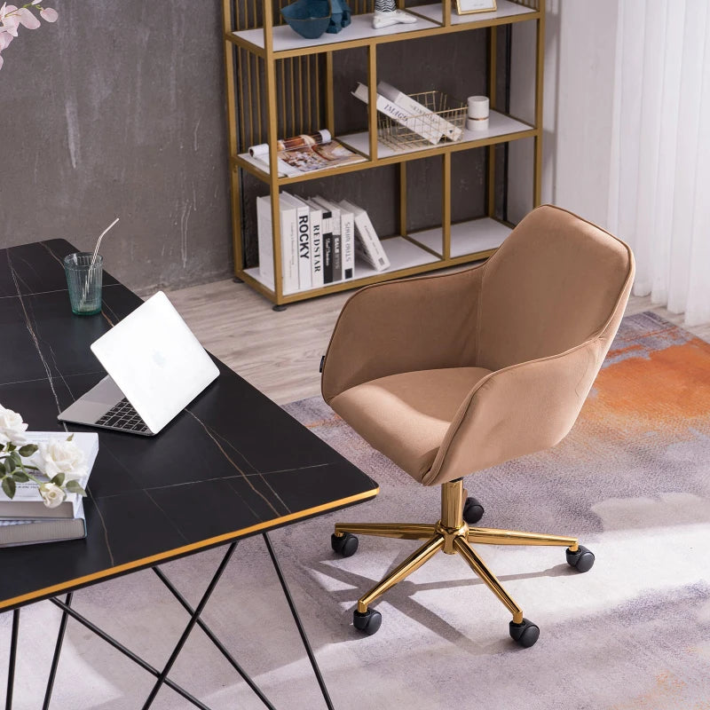 Velvet Adjustable Height Swivel Office Chair with Gold Legs and Ergonomic Backrest, Coffee Colour, 58x58x86 cm