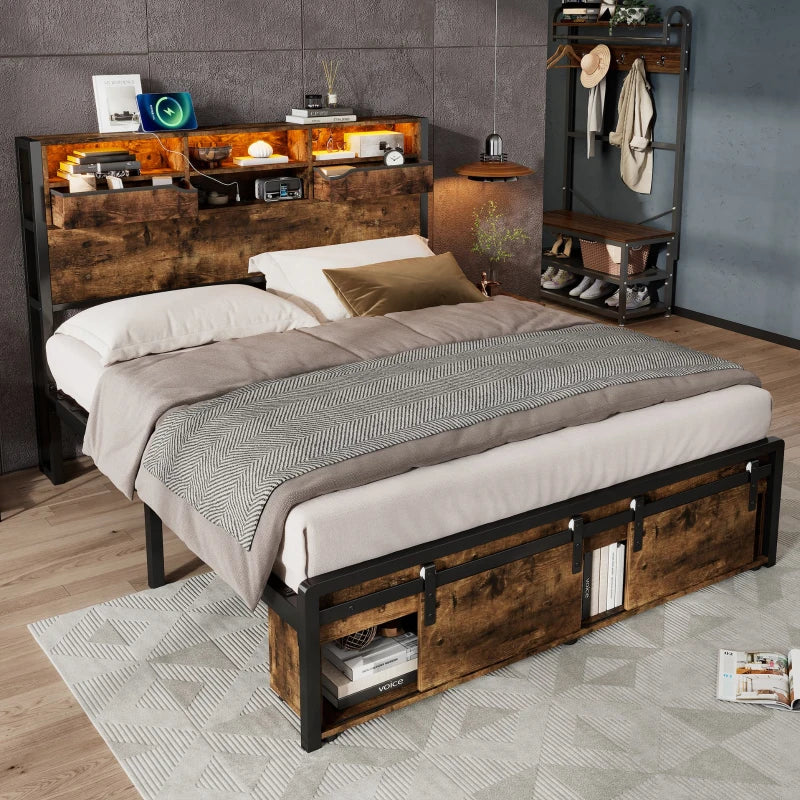 Metal Double Bed with LED Lights & Charging Ports, Storage Base, 209x137.5x114.5 cm, Black & Natural Finish