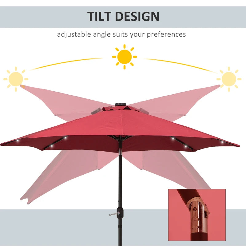 Red 2.7m Patio Garden Umbrella with Tilt Crank and LED Lights