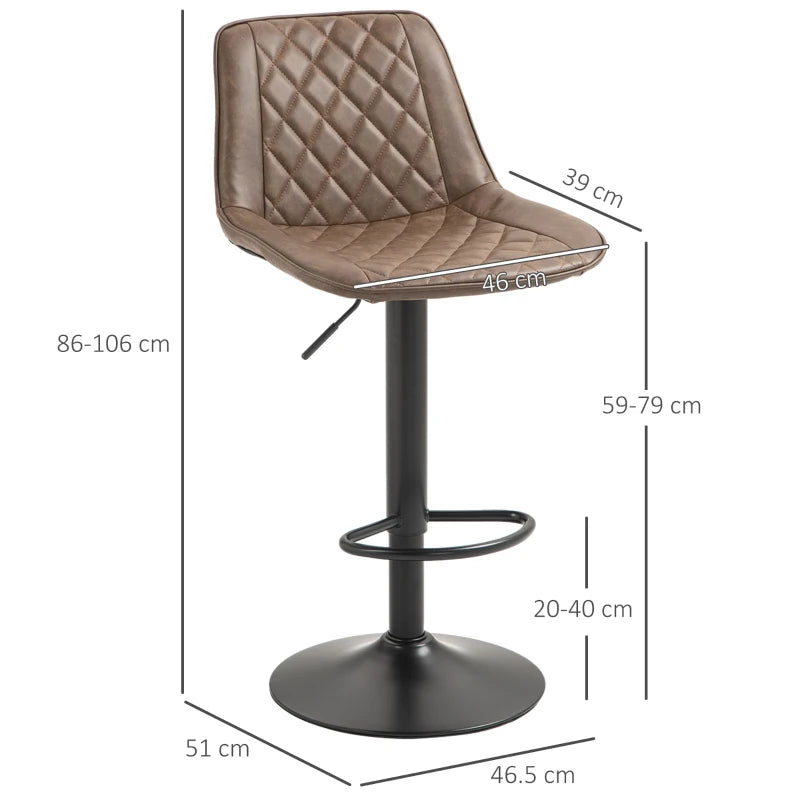 Retro Adjustable Bar Stools Set of 2 - Swivel PU Leather Kitchen Chairs with Back, Footrest & Steel Base - Brown