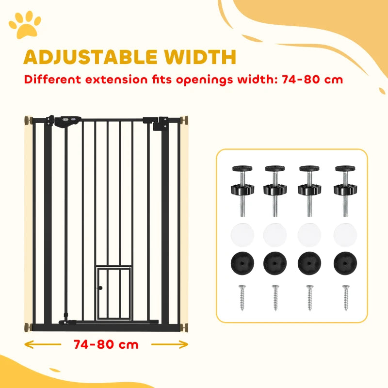 Extra Tall Indoor Dog Safety Gate with Cat Flap, Auto Close, 74-80cm Wide - Black Pet Barrier
