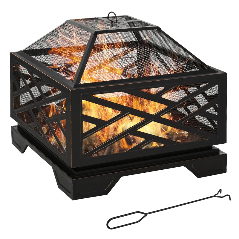 Black Square Fire Pit with Grill Shelf and Lid