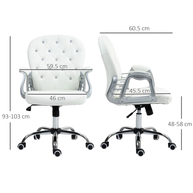 Ergonomic 360 Degree Swivel Office Chair with PU Diamante Padding and 5 Castor Wheels for Home and Work in White