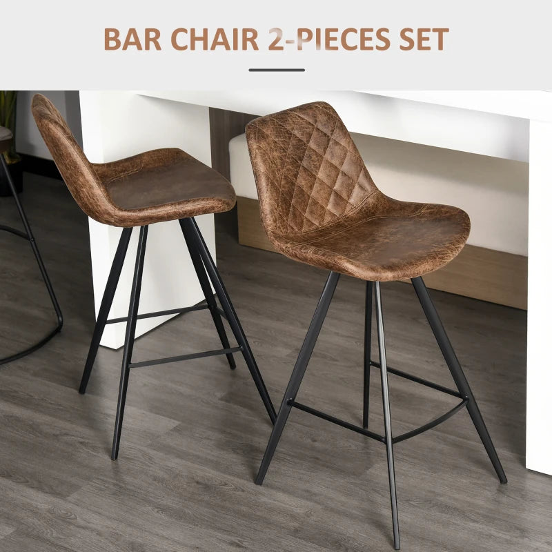 Set of 2 Vintage Microfiber Bar Stools - Comfortable Padded Tub Seats with Steel Frame & Footrest - Stylish Brown for Home & Cafe