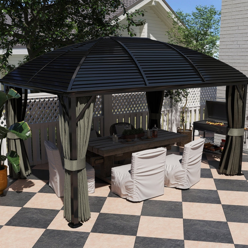 3m x 4m Hardtop Gazebo Canopy - Dark Grey Aluminium Pavilion with Metal Roof, Netting & Curtains