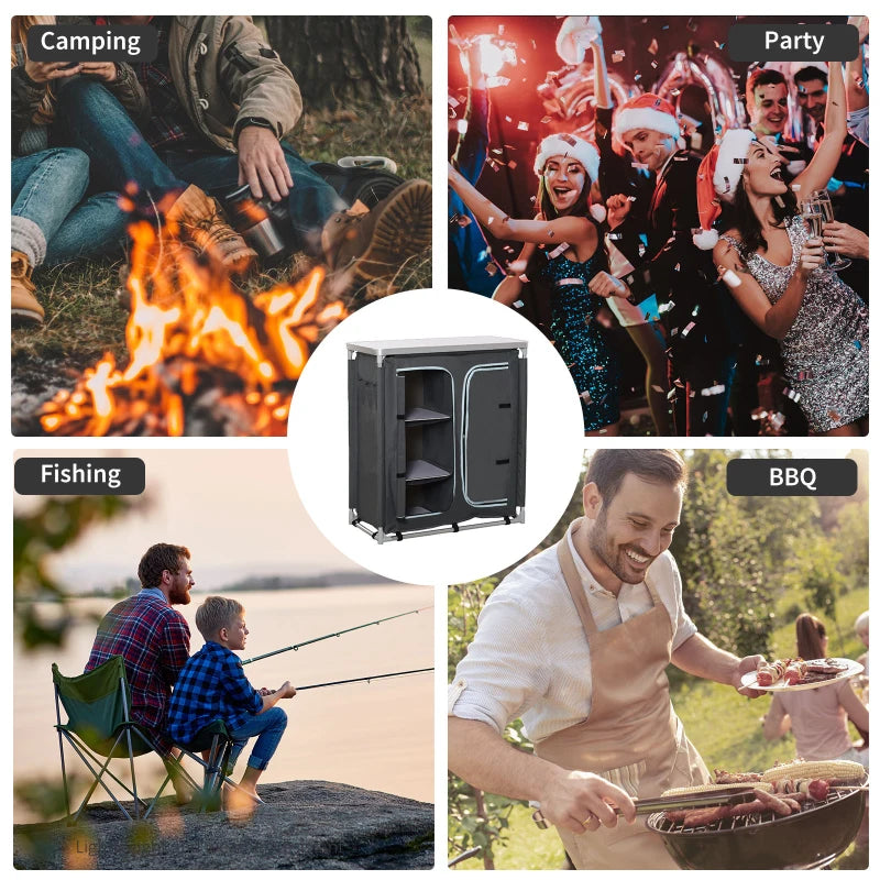 Aluminum Camping Cupboard & Kitchen Station - 3-Shelf Cook Table Storage Organizer for BBQ, Party & Picnic