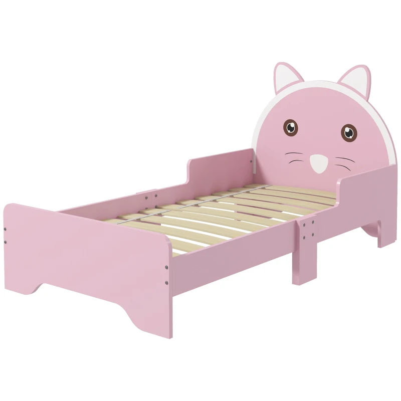 ZONEKIZ Kids Cat Design Toddler Bed Frame with Guardrails - Pink Bedroom Furniture for Ages 3-6, 143x74x72cm