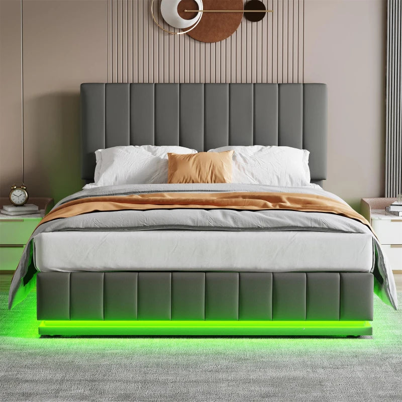 Ottoman Double Bed with Hydraulic Storage & LED Lighting - PU Leather Frame, Adjustable Headboard, Grey, 193x142x101-111 cm