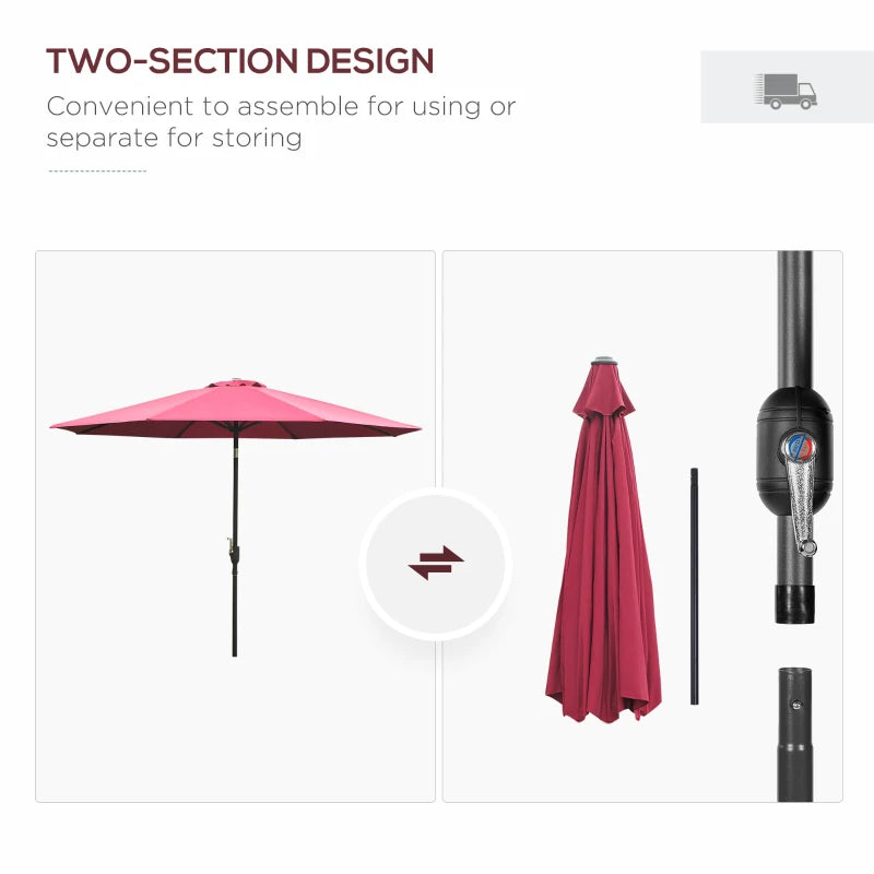 Wine Red 3m Tilt Garden Umbrella with Crank Handle - Outdoor Sun Shade