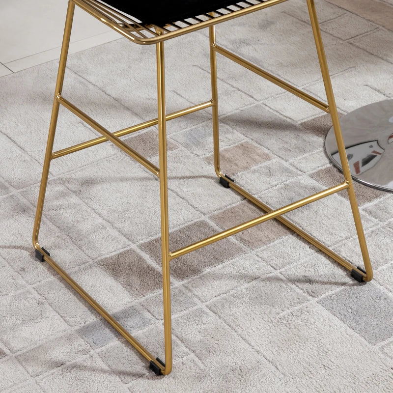 Set of 2 Modern Gold Bar Stools - Counter Height Breakfast Chairs with Wire Metal Frame for Kitchen & Dining Room