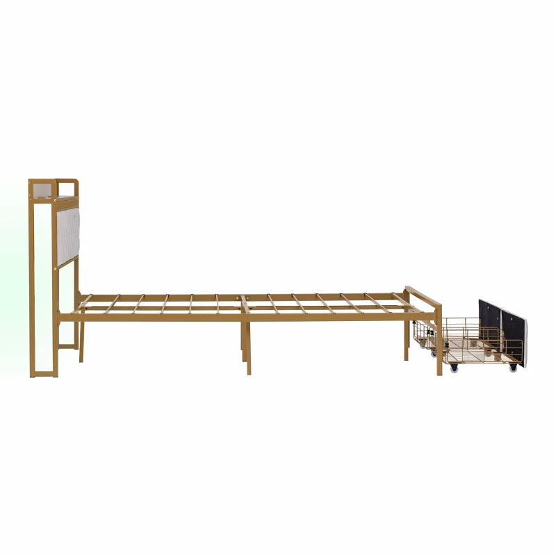 Modern Double Bed Frame with Storage Drawers & RGB LED Headboard - Beige & Chrome, 207L x 138W x 100H cm