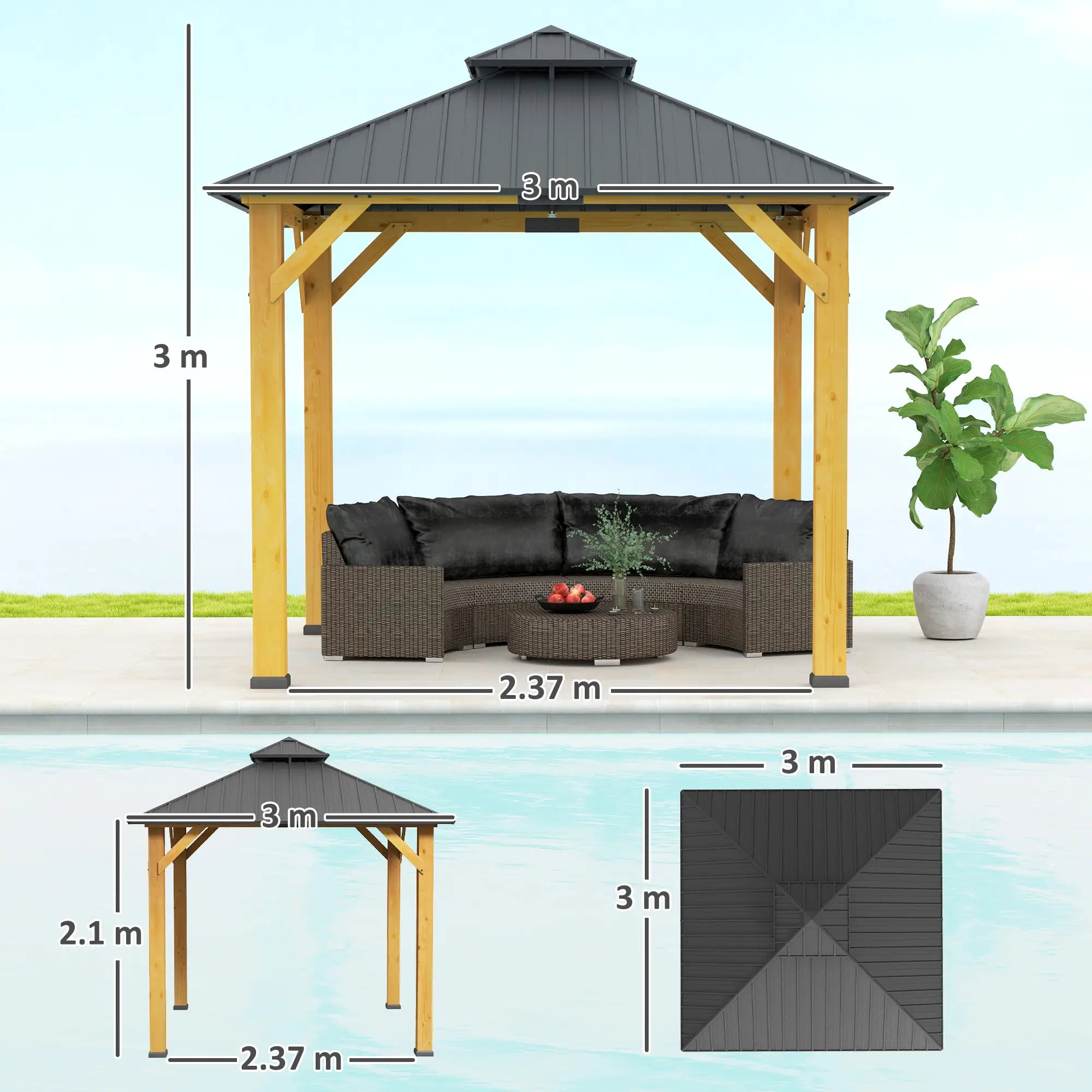 Grey 3m x 3m Hardtop Gazebo Canopy with 2-Tier Roof and Solid Wood Frame