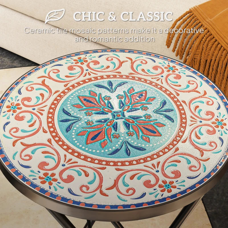 Mosaic Round Folding Garden Table, 35.5cm Metal Frame Coffee Table for Balcony, Multicolour
