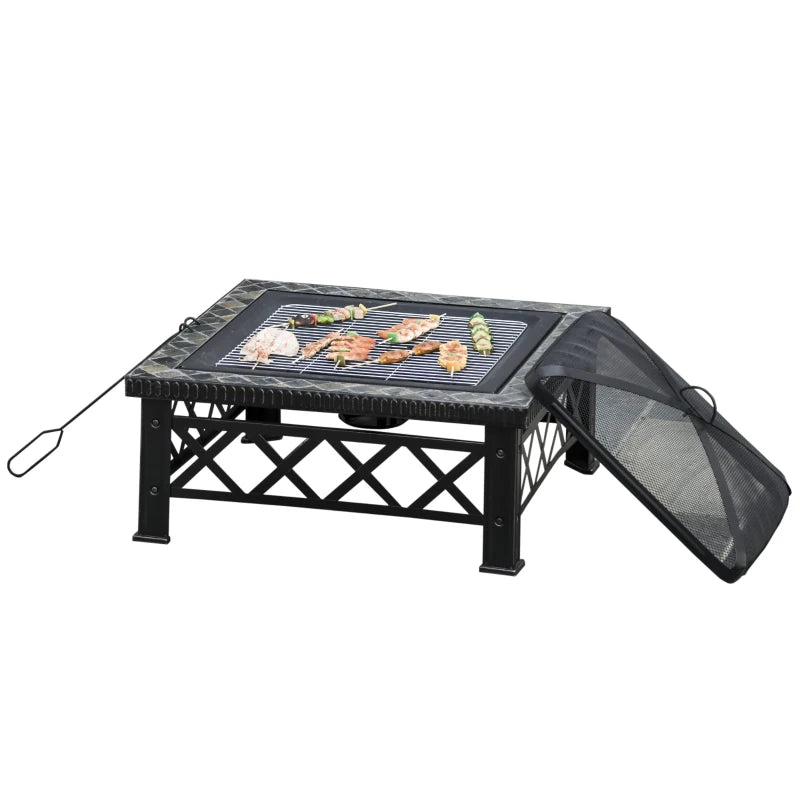 Black 3-in-1 Outdoor Fire Pit Table with BBQ Grill and Ice Bucket