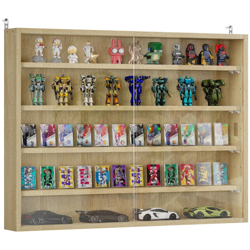 5-Tier Oak Wall Display Shelf Unit with Glass Doors & 4 Adjustable Shelves - Perfect for Home Office Ornaments 60x80cm