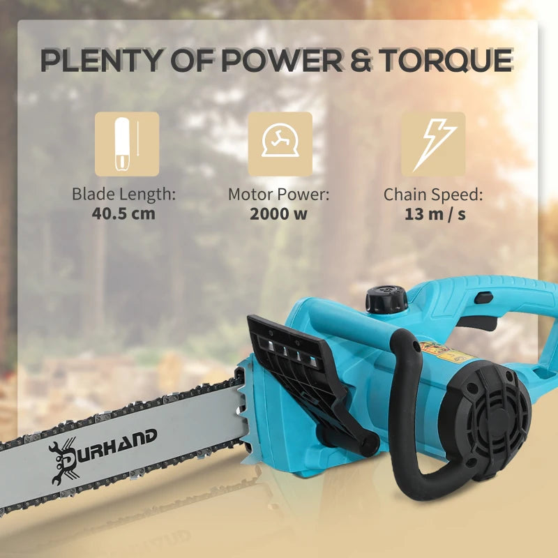 2000W Aluminium Chainsaw with Double Brake, 40cm Blade, for Wood, Trees & Branches - Blue