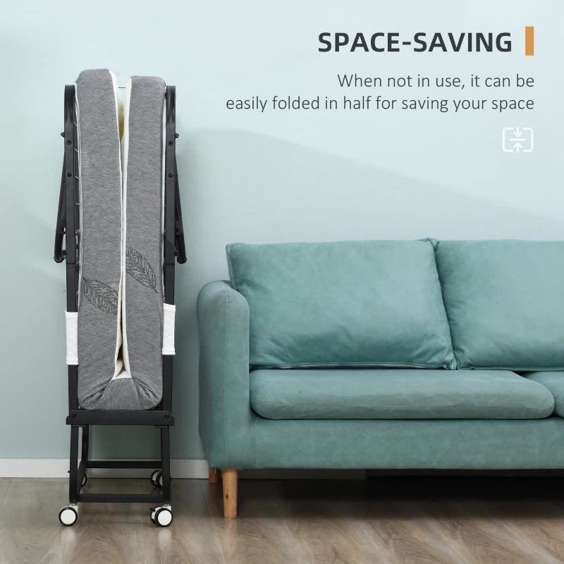 Portable Folding Guest Bed with 10cm Mattress Sturdy Metal Frame on Wheels