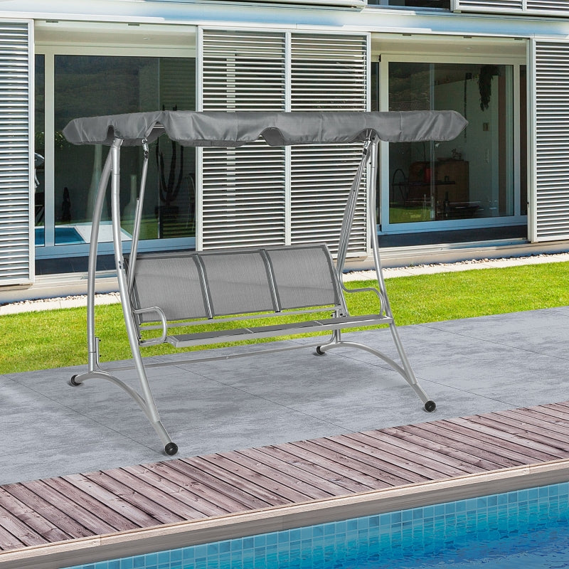 Grey 3-Person Steel Outdoor Swing Bench with Canopy