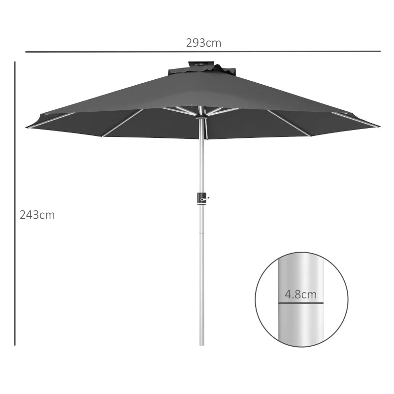 Grey 3m Solar LED Patio Umbrella