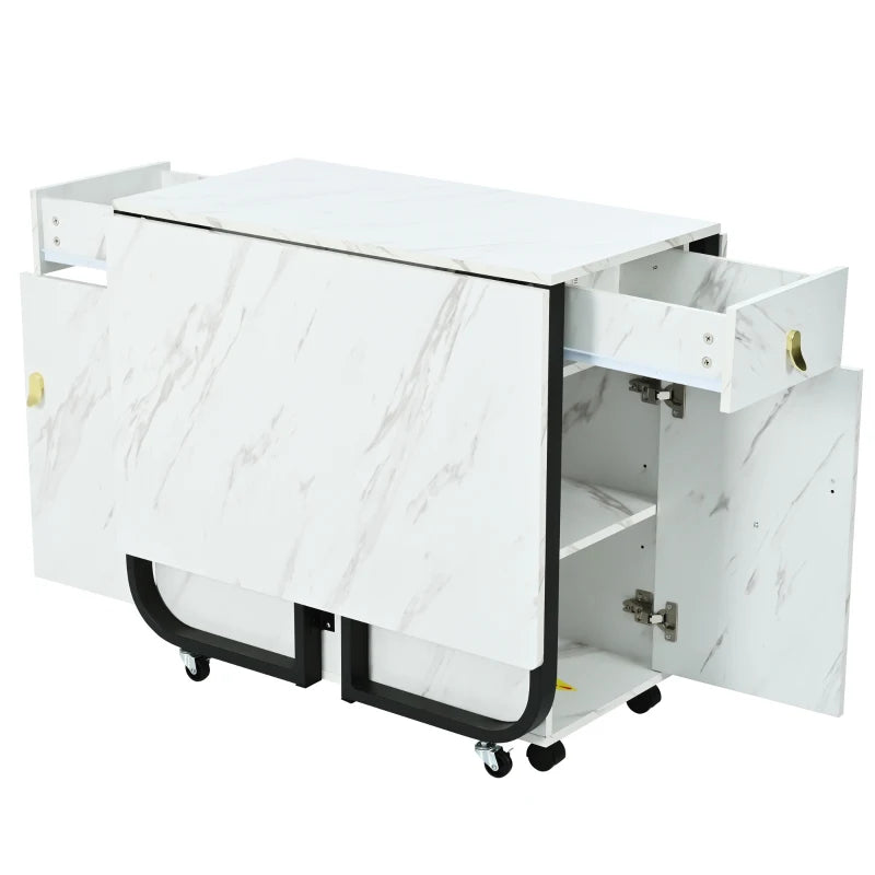 Folding Dining Table with Gold-Plated Handles - 3 Versatile Modes for Learning & Dining - Metal Frame - White/Black