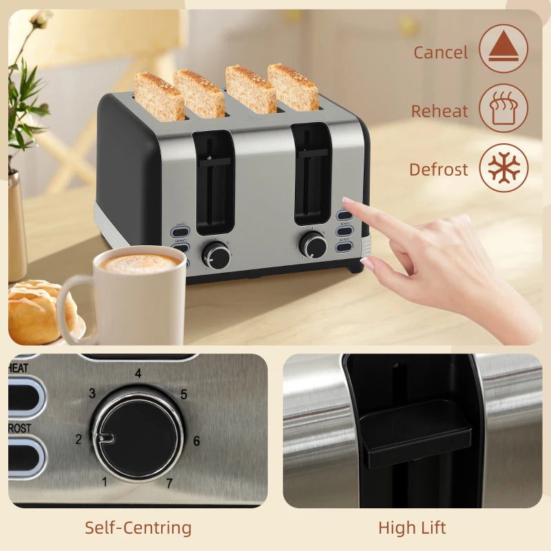 Stainless Steel Kettle & Toaster Set - 1.7L Rapid Boil Jug Kettle with Strix Thermostat & 4 Slice Toaster - Black/Silver