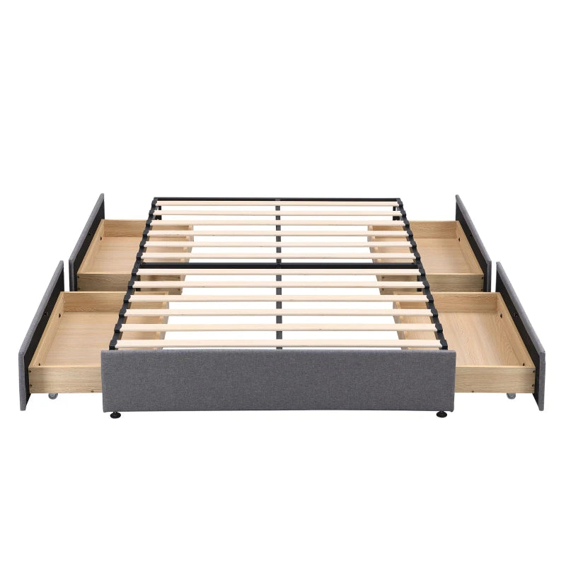 Upholstered Storage Bed with 4 Drawers - Double Bed with Iron Frame & Wooden Slats, Grey, 193.5 x 141 x 30 cm