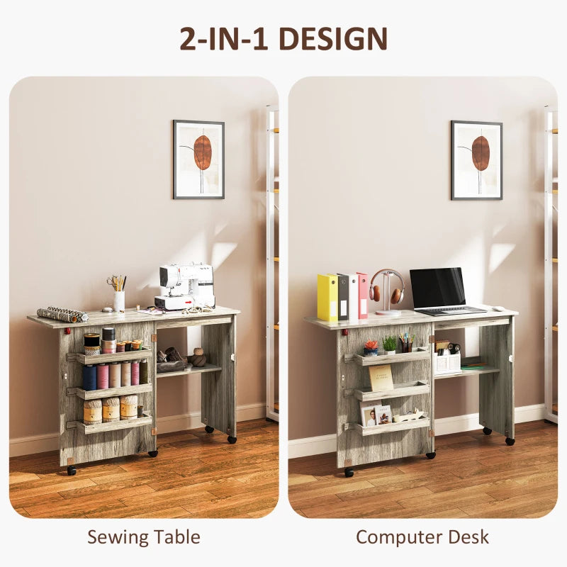 Folding Sewing Table with Drop Leaf & Storage Bins - Rolling Craft Table for Small Spaces, Grey