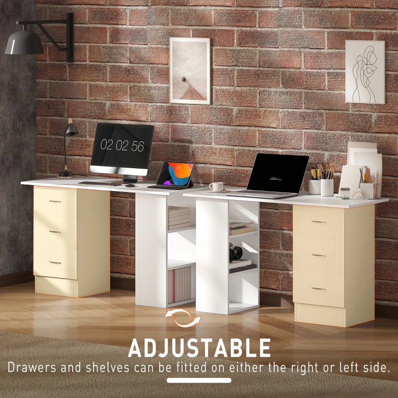 Modern White Computer Desk with 3 Storage Shelves & Drawers, Stylish Writing Table for Home Office, Silver Handle