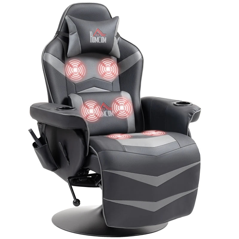 Comfortable Massage Recliner Chair with Remote Control, PU Leather, Cup Holders, Side Pockets, 360° Swivel, Grey