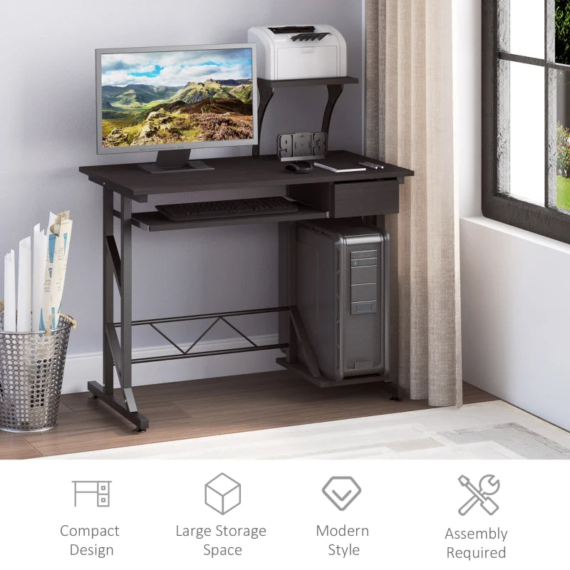 Dark Brown Computer Desk with Display Stand, Sliding Keyboard Tray, Host Box Shelf - Stylish Home Office Workstation