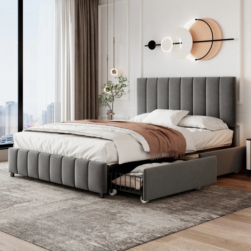 Velvet Double Bed with 4 Storage Drawers & Adjustable Tufted Headboard - Easy Assembly, Grey, 196L x 143W x 108H cm